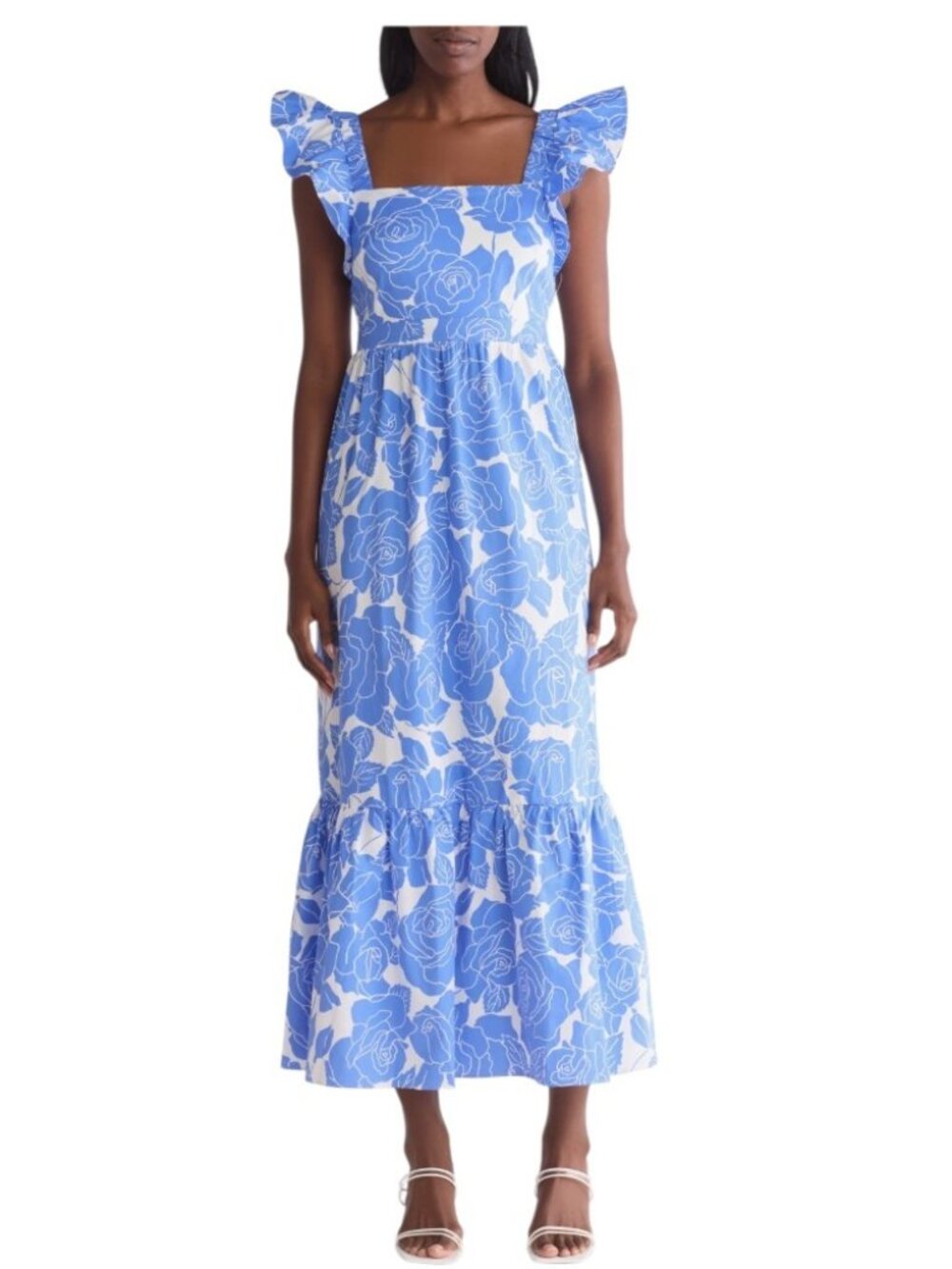 London Times Blue Floral Ruffle Strap Maxi Dress